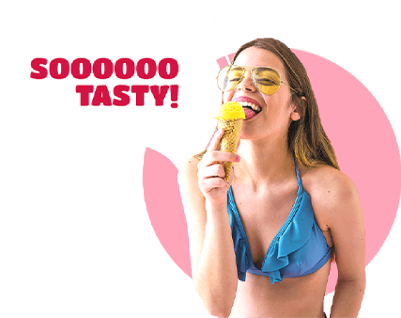 a girl in a blue swimsuit eats an ice cream cone